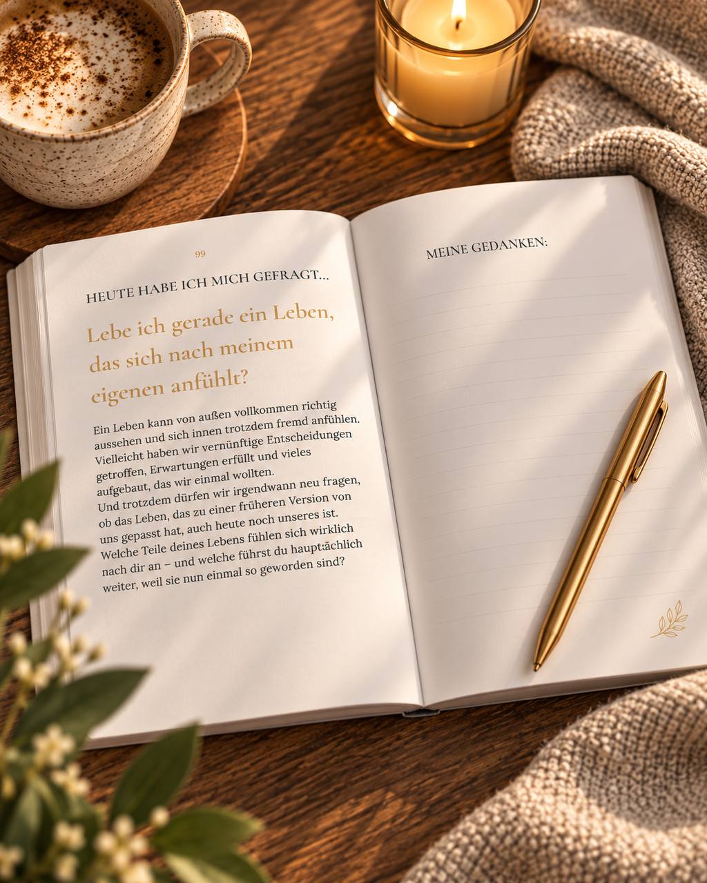 Aufgeschlagenes ALNOA Journal, Seite 99: Lebe ich gerade ein Leben, das sich nach meinem eigenen anfühlt?